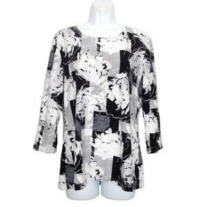 JM Collection Top Womens M Black White‎ 3/4 Sleeve Floral Textured Patchwork
